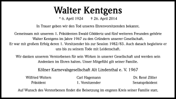 Anzeige von Walter Kentgens von Kölner Stadt-Anzeiger / Kölnische Rundschau / Express