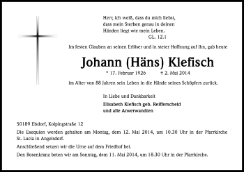 Anzeige von Johann (Häns) Klefisch von Kölner Stadt-Anzeiger / Kölnische Rundschau / Express