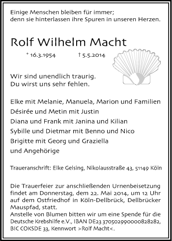 Anzeige von Rolf Wilhelm Macht von Kölner Stadt-Anzeiger / Kölnische Rundschau / Express