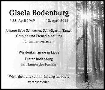 Anzeige von Gisela Bodenburg von Kölner Stadt-Anzeiger / Kölnische Rundschau / Express