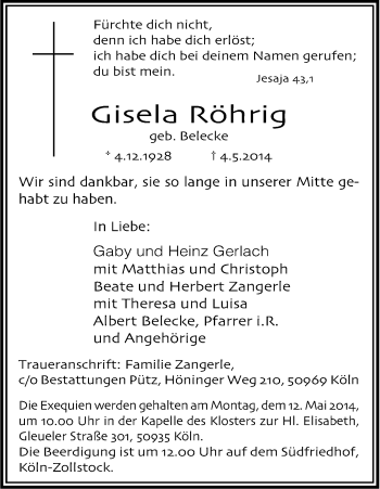 Anzeige von Gisela Röhrig von Kölner Stadt-Anzeiger / Kölnische Rundschau / Express
