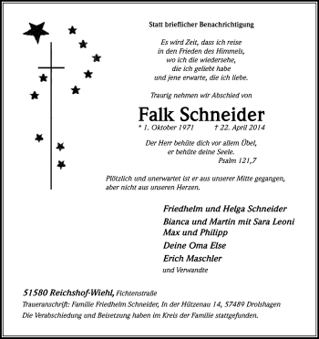 Anzeige von Falk Schneider von Kölner Stadt-Anzeiger / Kölnische Rundschau / Express