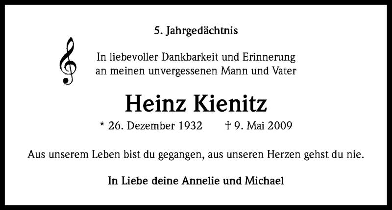  Traueranzeige für Heinz Kienitz vom 09.05.2014 aus Kölner Stadt-Anzeiger / Kölnische Rundschau / Express