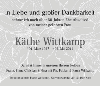 Anzeige von Käthe Wittkamp von Kölner Stadt-Anzeiger / Kölnische Rundschau / Express