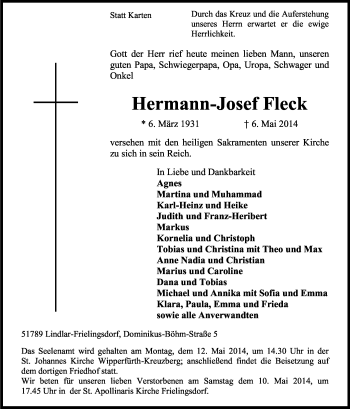 Anzeige von Hermann-Josef Fleck von Kölner Stadt-Anzeiger / Kölnische Rundschau / Express