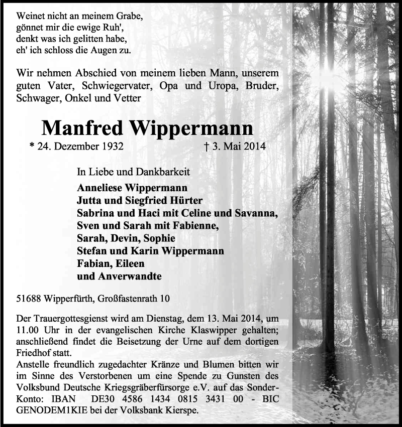  Traueranzeige für Manfred Wippermann vom 08.05.2014 aus Kölner Stadt-Anzeiger / Kölnische Rundschau / Express