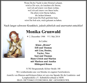 Anzeige von Monika Grunwald von Kölner Stadt-Anzeiger / Kölnische Rundschau / Express