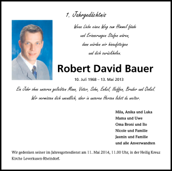 Anzeige von Robert David Bauer von Kölner Stadt-Anzeiger / Kölnische Rundschau / Express