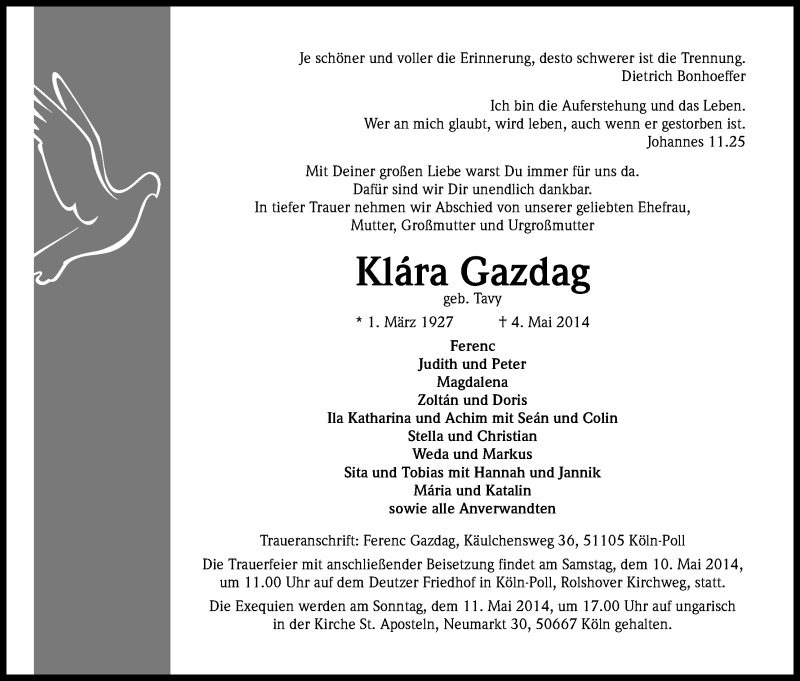  Traueranzeige für Klara Gazdag vom 09.05.2014 aus Kölner Stadt-Anzeiger / Kölnische Rundschau / Express