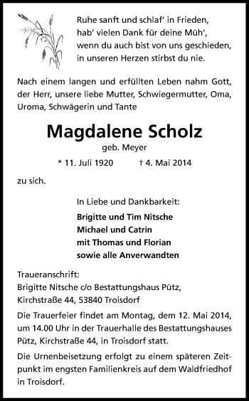Anzeige von Magdalene Scholz von Kölner Stadt-Anzeiger / Kölnische Rundschau / Express