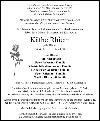 Anzeige von Käthe Rhiem von Kölner Stadt-Anzeiger / Kölnische Rundschau / Express
