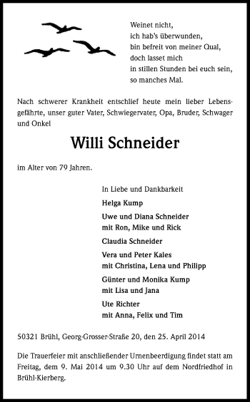 Anzeige von Willi Schneider von Kölner Stadt-Anzeiger / Kölnische Rundschau / Express