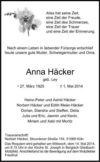 Anzeige von Häcker Anna von Kölner Stadt-Anzeiger / Kölnische Rundschau / Express