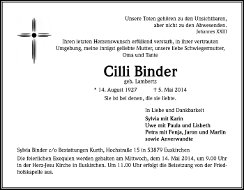 Anzeige von Cilli Binder von Kölner Stadt-Anzeiger / Kölnische Rundschau / Express