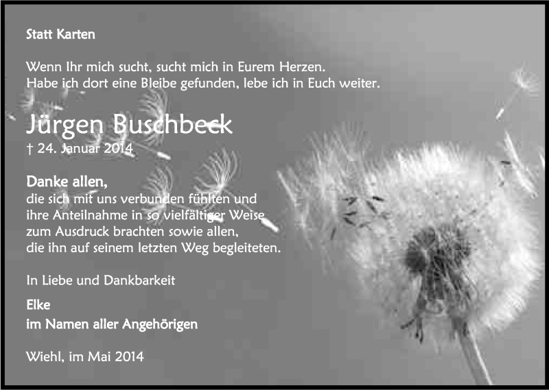  Traueranzeige für Jürgen Buschbeck vom 10.05.2014 aus Kölner Stadt-Anzeiger / Kölnische Rundschau / Express