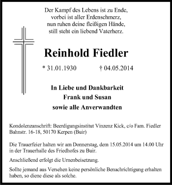Anzeige von Reinhold Fiedler von Kölner Stadt-Anzeiger / Kölnische Rundschau / Express