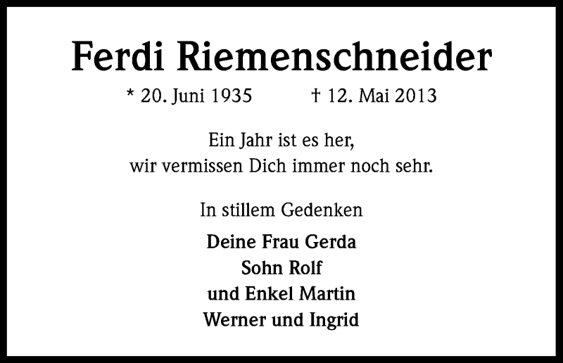  Traueranzeige für Ferdi Riemenschneider vom 12.05.2014 aus Kölner Stadt-Anzeiger / Kölnische Rundschau / Express