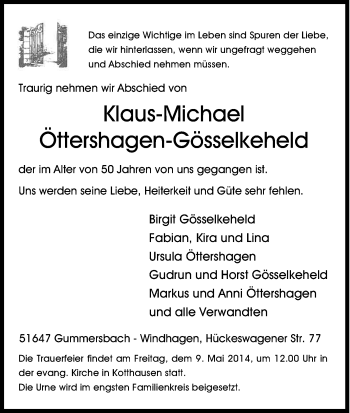 Anzeige von Klaus- Michael Öttershagen- Gösselkeheld von Kölner Stadt-Anzeiger / Kölnische Rundschau / Express