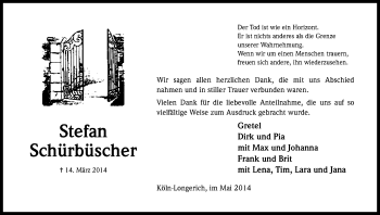 Anzeige von Stefan Schürbüscher von Kölner Stadt-Anzeiger / Kölnische Rundschau / Express