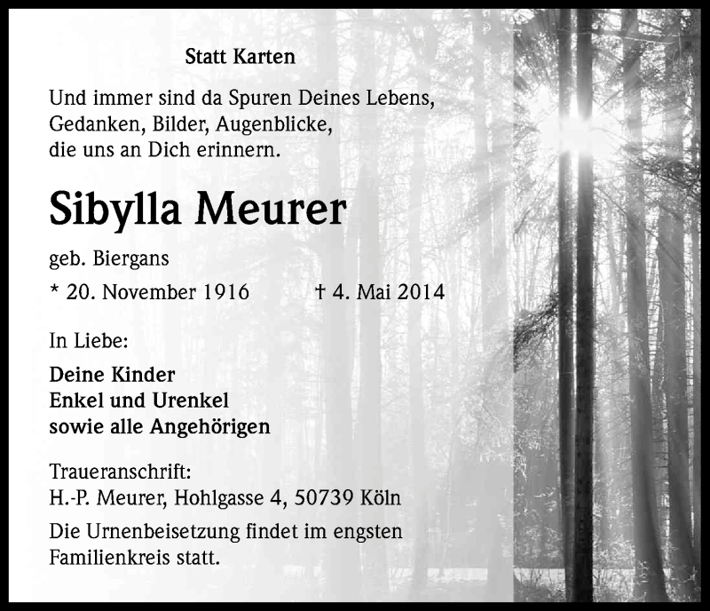  Traueranzeige für Sibylla Meurer vom 10.05.2014 aus Kölner Stadt-Anzeiger / Kölnische Rundschau / Express