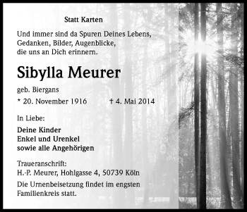 Anzeige von Sibylla Meurer von Kölner Stadt-Anzeiger / Kölnische Rundschau / Express