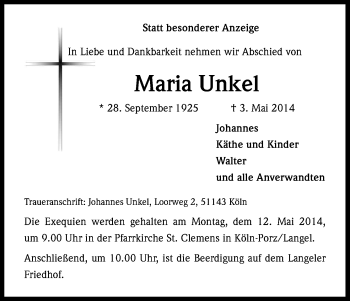 Anzeige von Maria Unkel von Kölner Stadt-Anzeiger / Kölnische Rundschau / Express