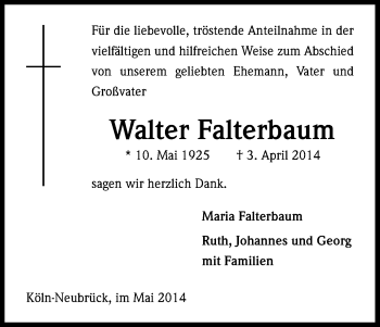 Anzeige von Walter Falterbaum von Kölner Stadt-Anzeiger / Kölnische Rundschau / Express