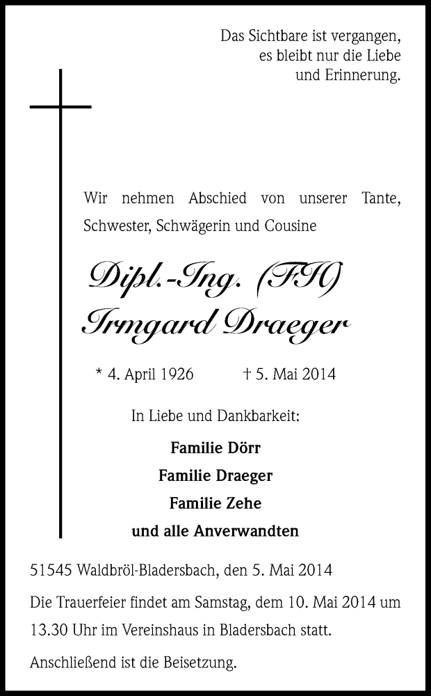  Traueranzeige für Irmgard Draeger vom 08.05.2014 aus Kölner Stadt-Anzeiger / Kölnische Rundschau / Express