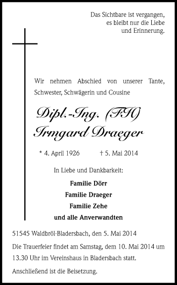 Anzeige von Irmgard Draeger von Kölner Stadt-Anzeiger / Kölnische Rundschau / Express