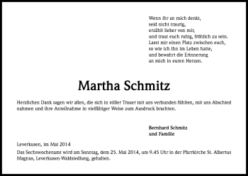 Anzeige von Martha Schmitz von Kölner Stadt-Anzeiger / Kölnische Rundschau / Express