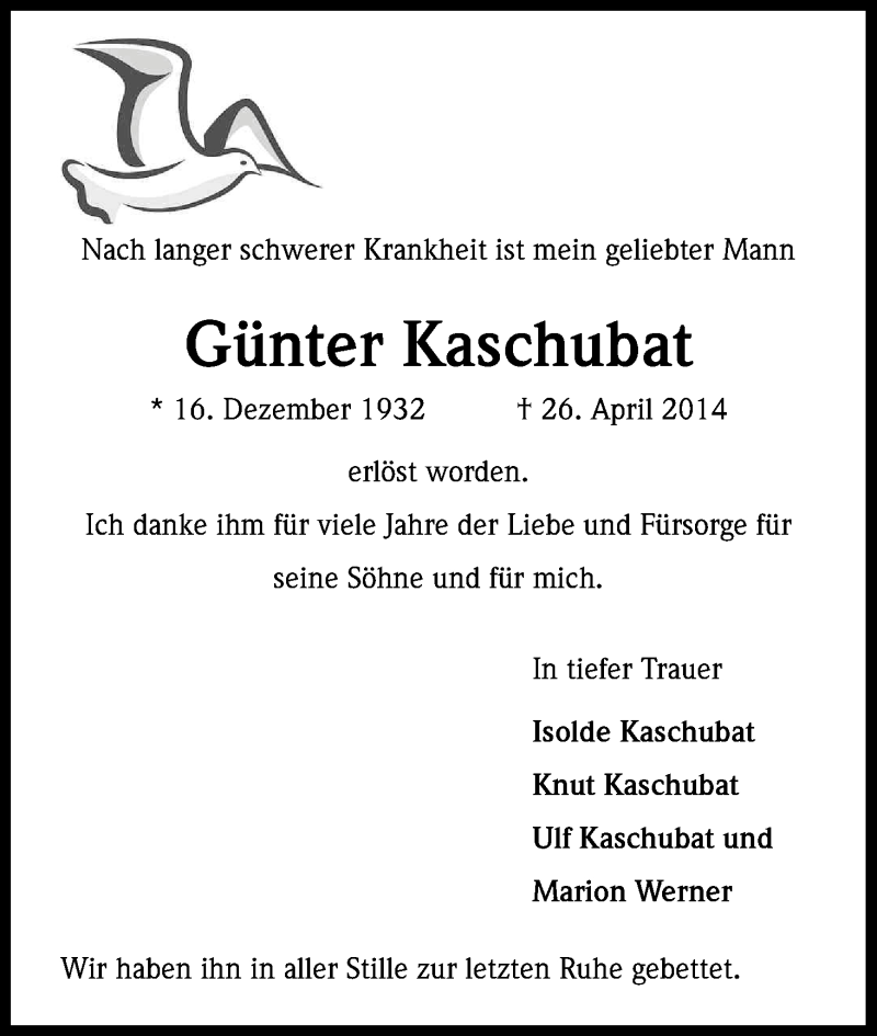  Traueranzeige für Günter Kaschubat vom 10.05.2014 aus Kölner Stadt-Anzeiger / Kölnische Rundschau / Express