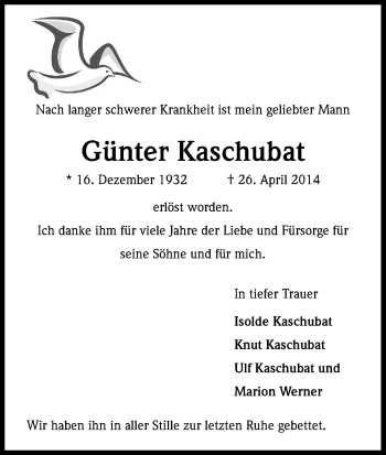 Anzeige von Günter Kaschubat von Kölner Stadt-Anzeiger / Kölnische Rundschau / Express
