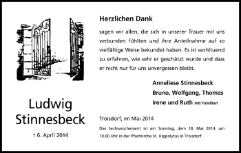 Anzeige von Ludwig Stinnesbeck von Kölner Stadt-Anzeiger / Kölnische Rundschau / Express
