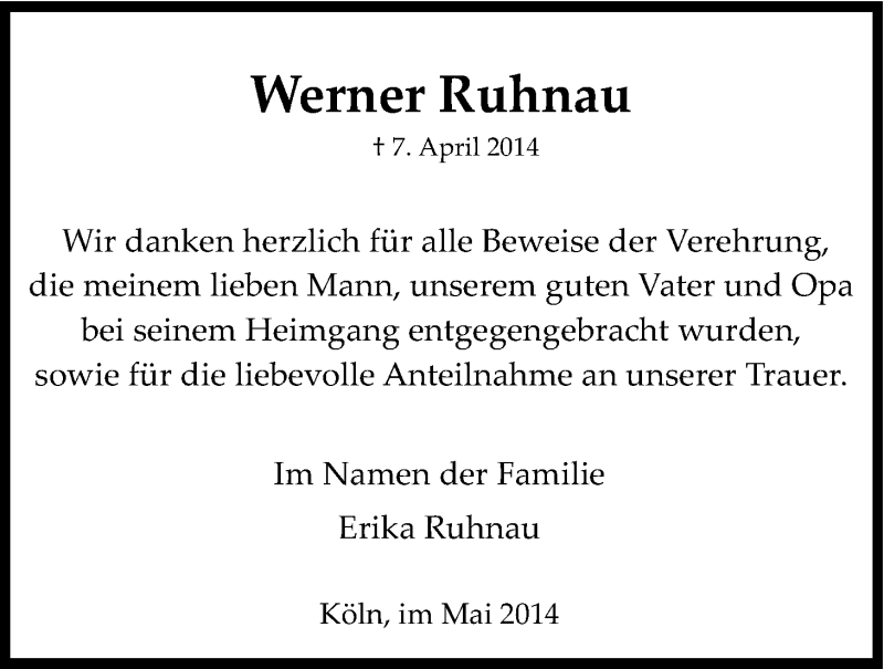  Traueranzeige für Werner Ruhnau vom 10.05.2014 aus Kölner Stadt-Anzeiger / Kölnische Rundschau / Express