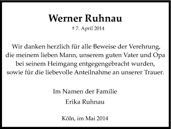 Anzeige von Werner Ruhnau von Kölner Stadt-Anzeiger / Kölnische Rundschau / Express
