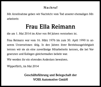 Anzeige von Ella Reimann von Kölner Stadt-Anzeiger / Kölnische Rundschau / Express
