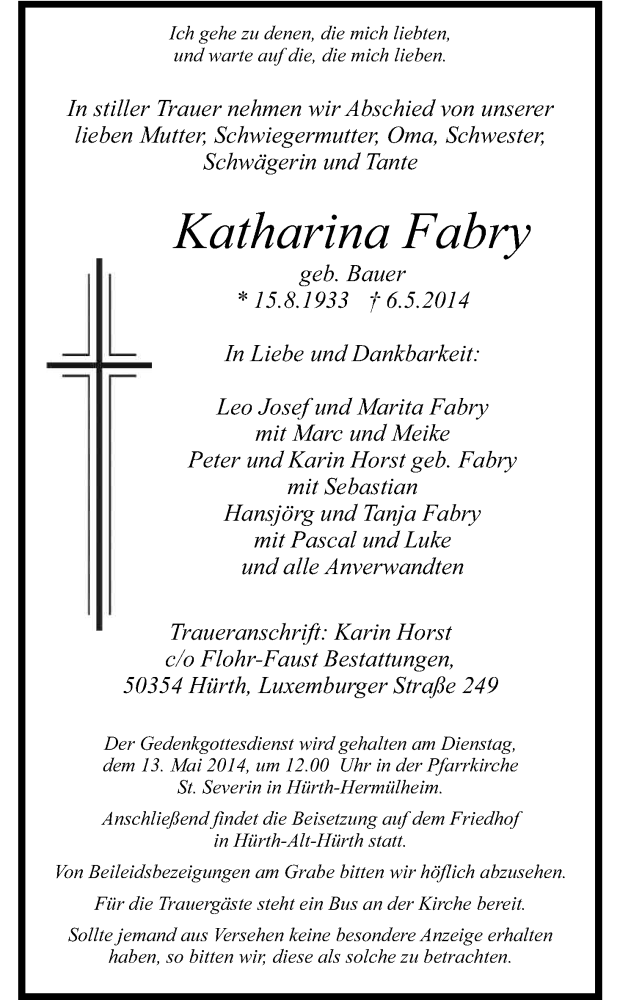  Traueranzeige für Katharina Fabry vom 10.05.2014 aus Kölner Stadt-Anzeiger / Kölnische Rundschau / Express