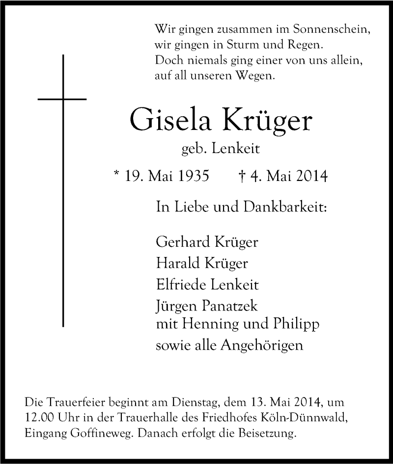  Traueranzeige für Gisela Krüger vom 10.05.2014 aus Kölner Stadt-Anzeiger / Kölnische Rundschau / Express