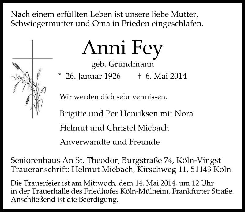  Traueranzeige für Anni Fey vom 10.05.2014 aus Kölner Stadt-Anzeiger / Kölnische Rundschau / Express