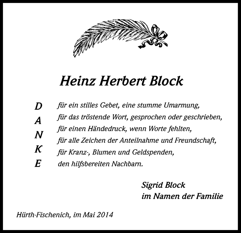  Traueranzeige für Heinz Herbert Block vom 10.05.2014 aus Kölner Stadt-Anzeiger / Kölnische Rundschau / Express