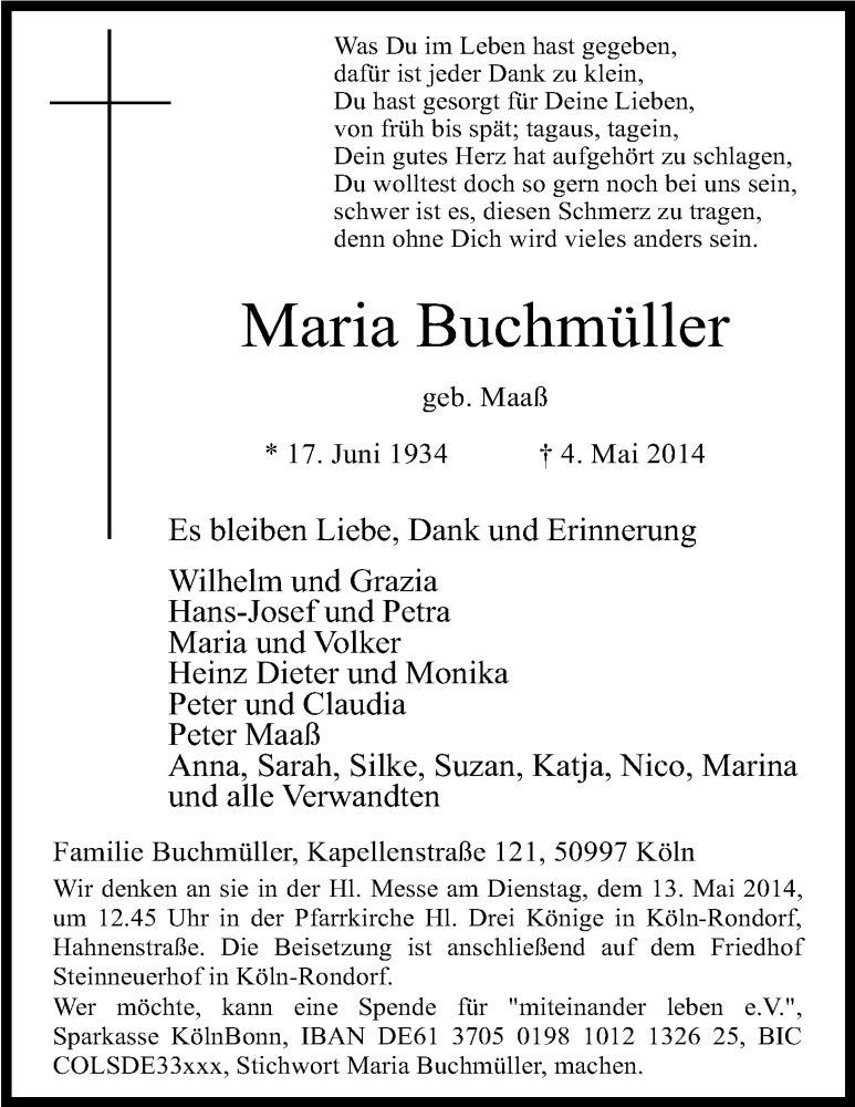  Traueranzeige für Maria Buchmüller vom 10.05.2014 aus Kölner Stadt-Anzeiger / Kölnische Rundschau / Express