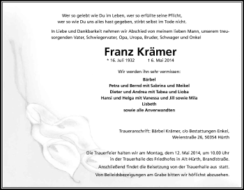 Anzeige von Franz Krämer von Kölner Stadt-Anzeiger / Kölnische Rundschau / Express