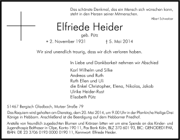 Anzeige von Elfriede Heider von Kölner Stadt-Anzeiger / Kölnische Rundschau / Express