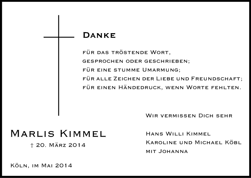  Traueranzeige für Marlis Kimmel vom 10.05.2014 aus Kölner Stadt-Anzeiger / Kölnische Rundschau / Express