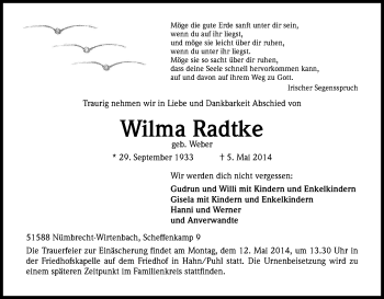 Anzeige von Wilma Radtke von Kölner Stadt-Anzeiger / Kölnische Rundschau / Express