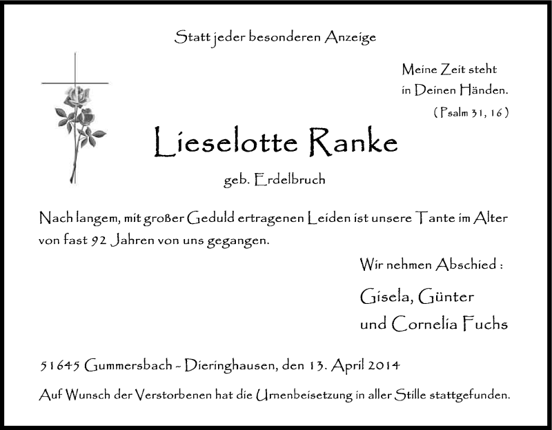  Traueranzeige für Lieselotte Ranke vom 10.05.2014 aus Kölner Stadt-Anzeiger / Kölnische Rundschau / Express