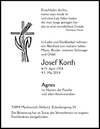 Anzeige von Josef Korth von Kölner Stadt-Anzeiger / Kölnische Rundschau / Express