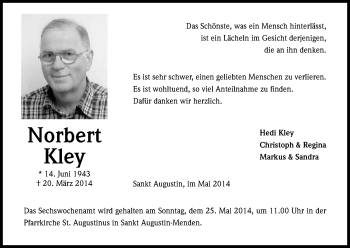 Anzeige von Norbert Kley von Kölner Stadt-Anzeiger / Kölnische Rundschau / Express