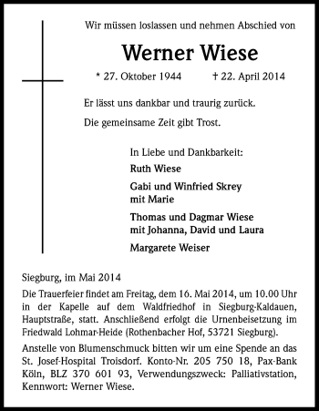 Anzeige von Werner Wiese von Kölner Stadt-Anzeiger / Kölnische Rundschau / Express