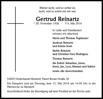 Anzeige von Gertrud Reinartz von Kölner Stadt-Anzeiger / Kölnische Rundschau / Express